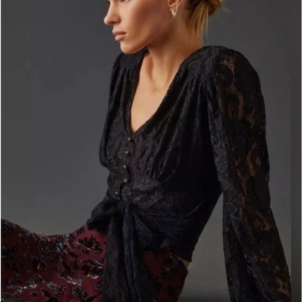 By Anthropologie Balloon-Sleeve Blouse Black Lace Wrap around waist Small S30